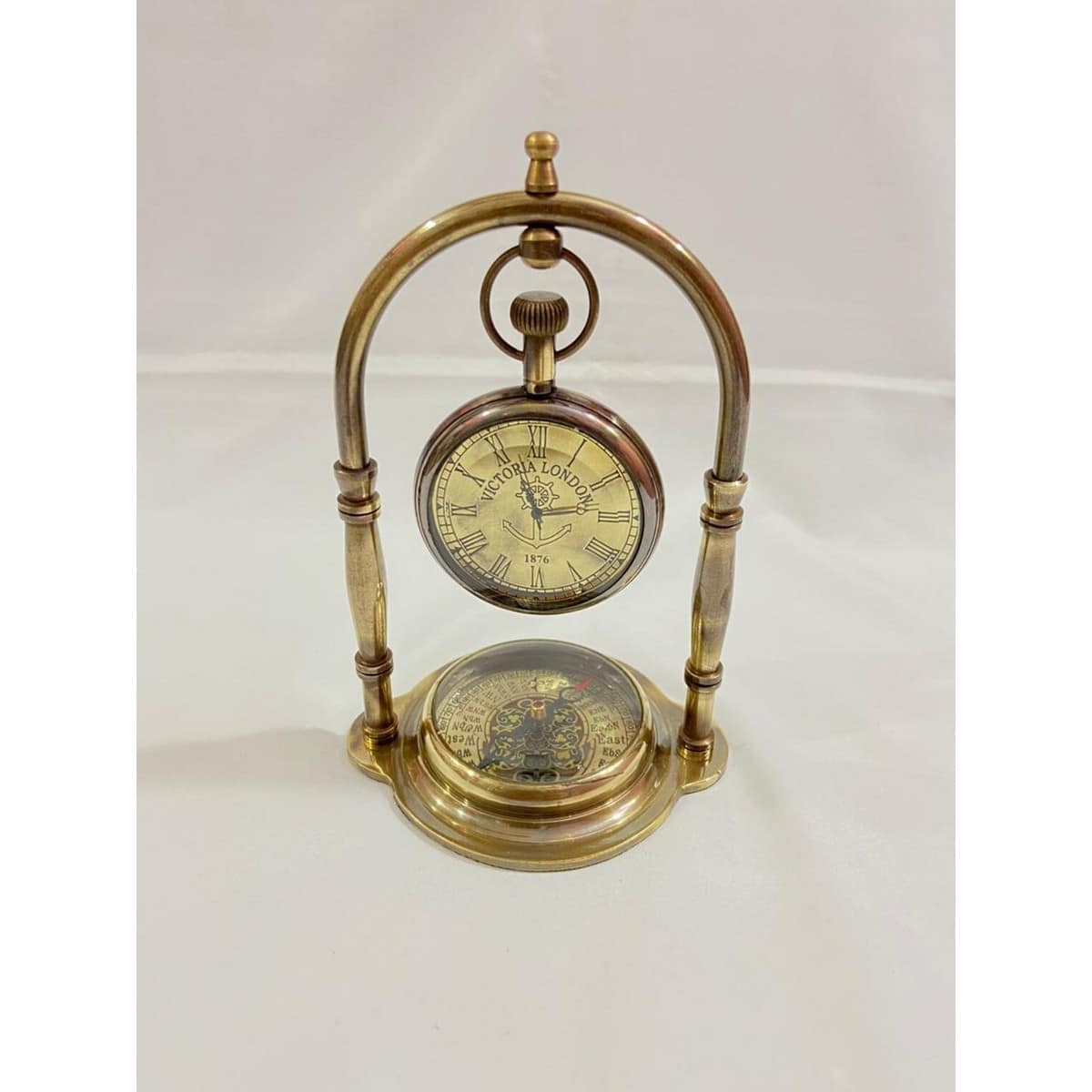 Antique Nautical Victorian London Brass Table Top Decor Clock With Compass