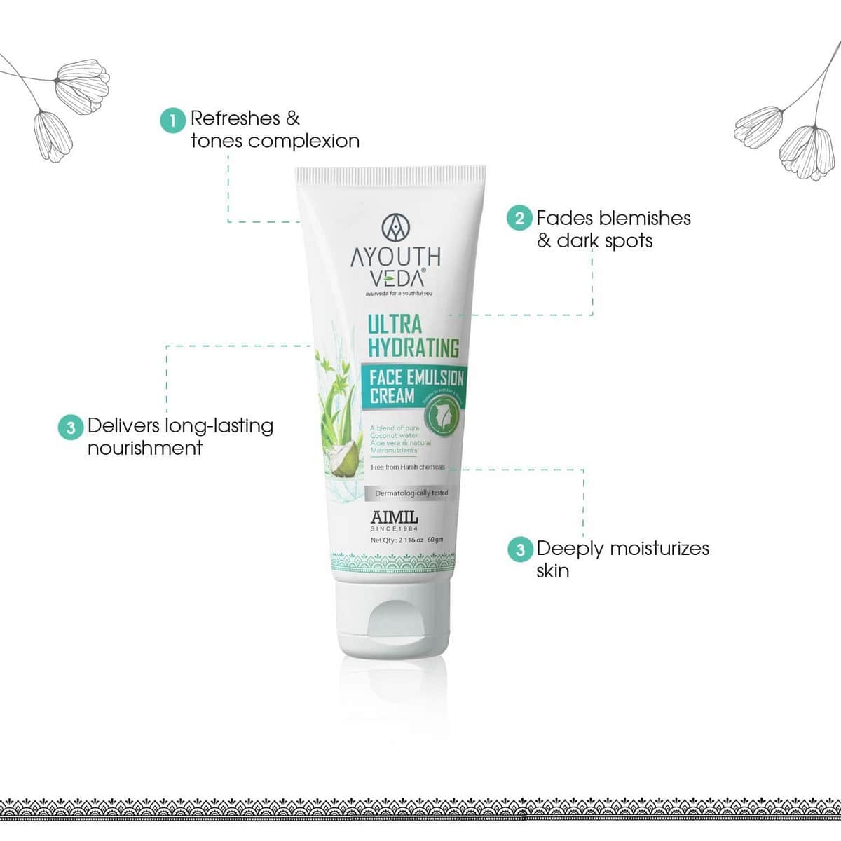 Ayouthveda Ultra Hydrating Face Emulsion Cream With Aloe Vera & Coconut Water (60 gm)