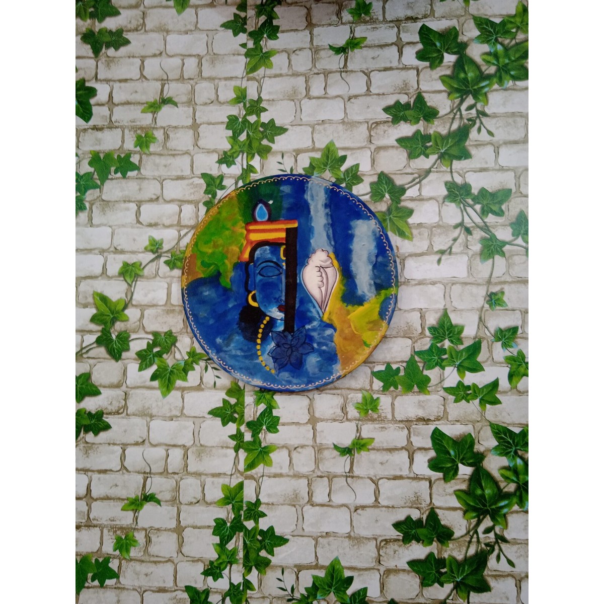 Circular Plate with Blue Krishna Artwork for Wall