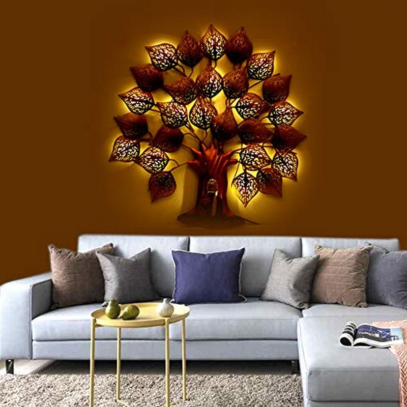 Brown Shaded Buddha Under the Tree with Light for Wall Decor