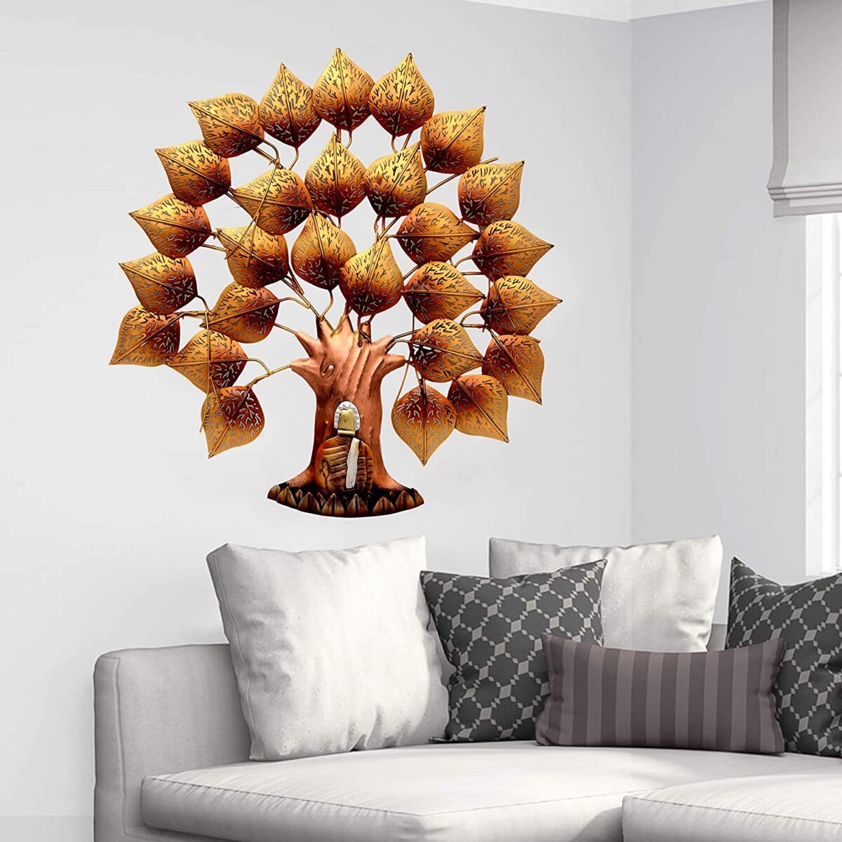 Brown Shaded Buddha Under the Tree with Light for Wall Decor