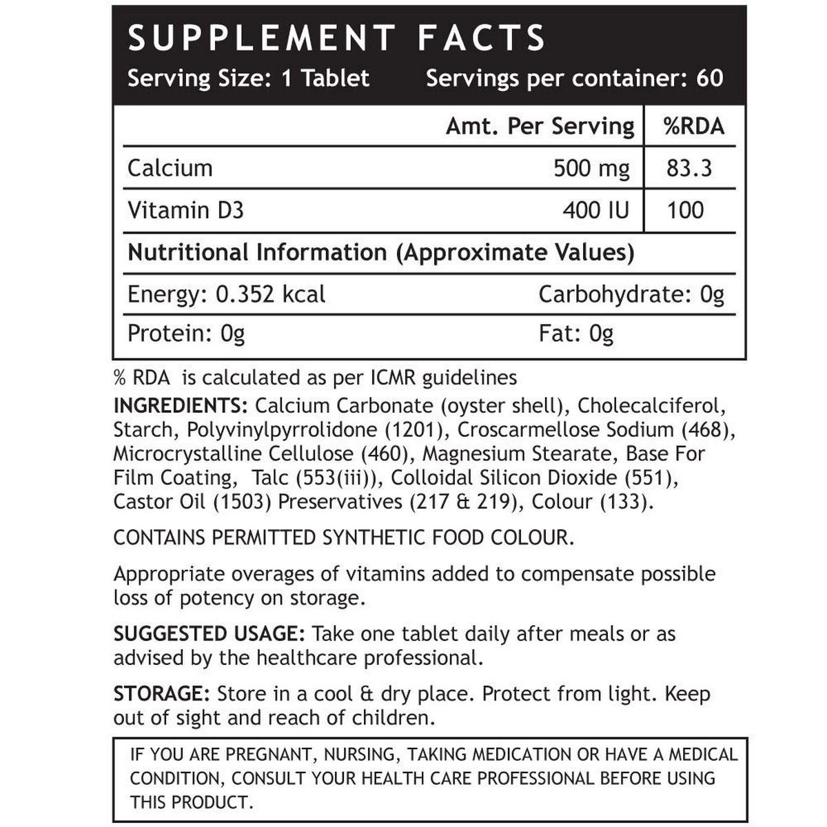 Inlife Calcium Vitamin D3 Supplement For Men & Women (60 Tablets)