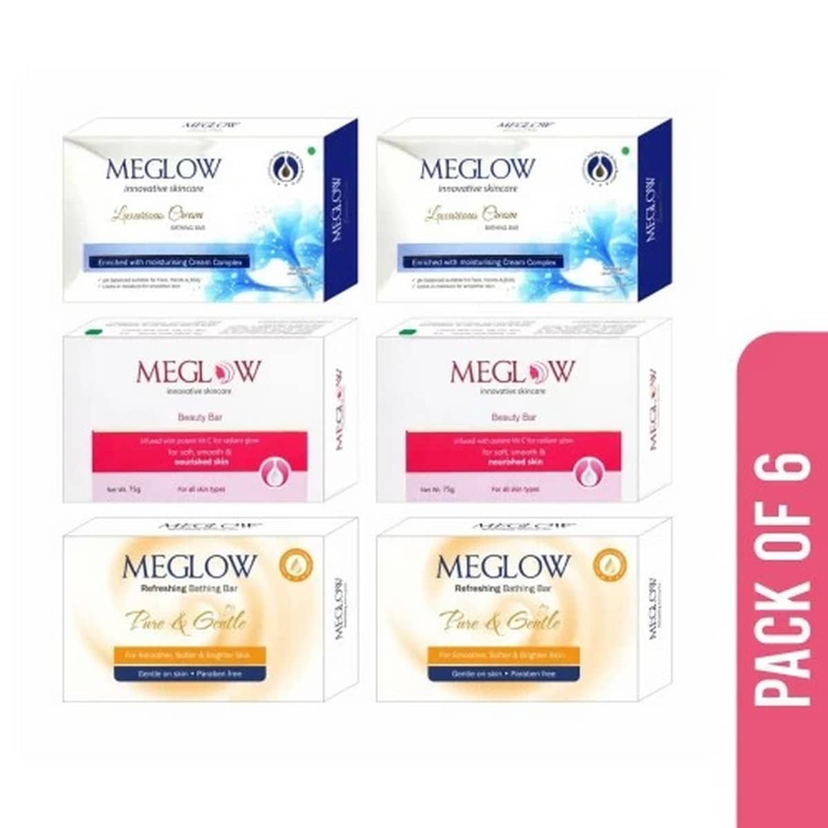 Meglow Soap Combo Pack Of 6 (2 Pcs Each) (75 gm)
