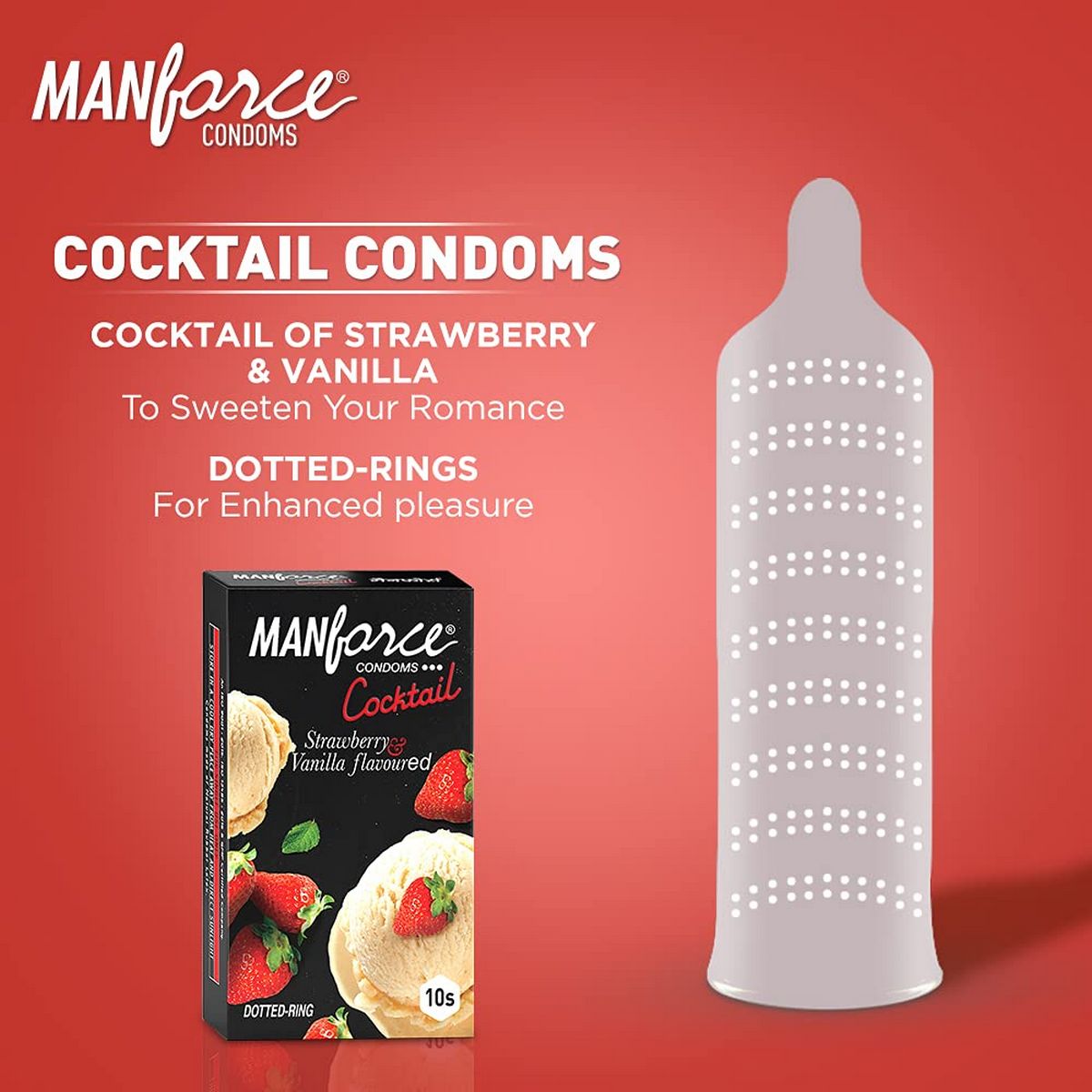 Manforce Cocktail Condoms with Dotted-Rings Strawberry Flavoured (10 Pieces)