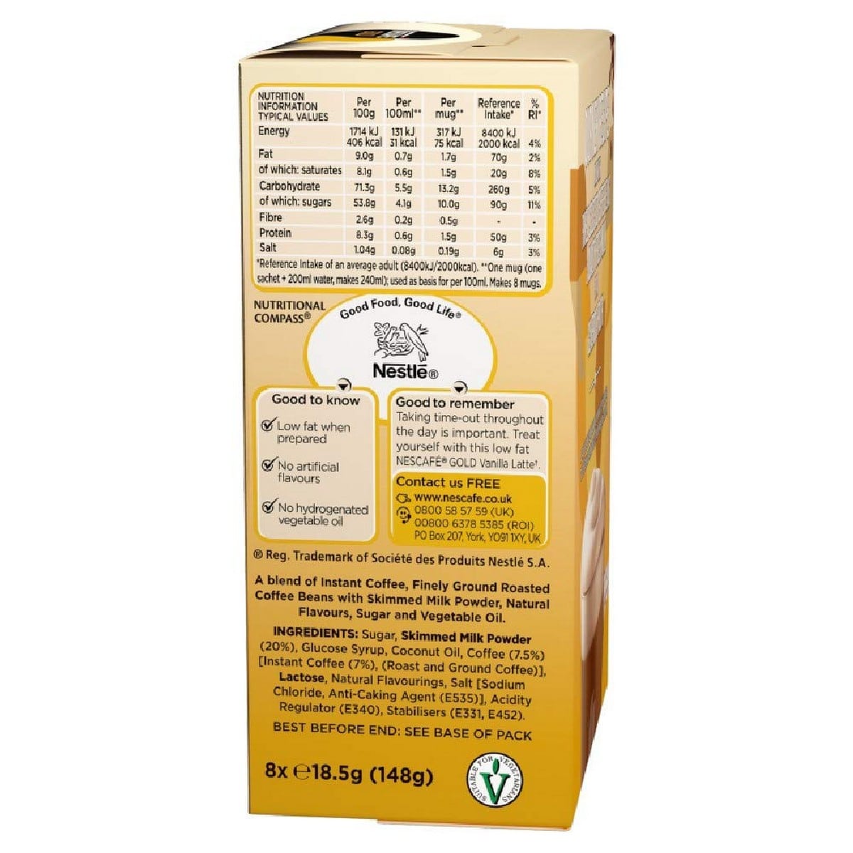 Nescafe Cafe Latte Vanilla Coffee 185 grams (Pack of 8)