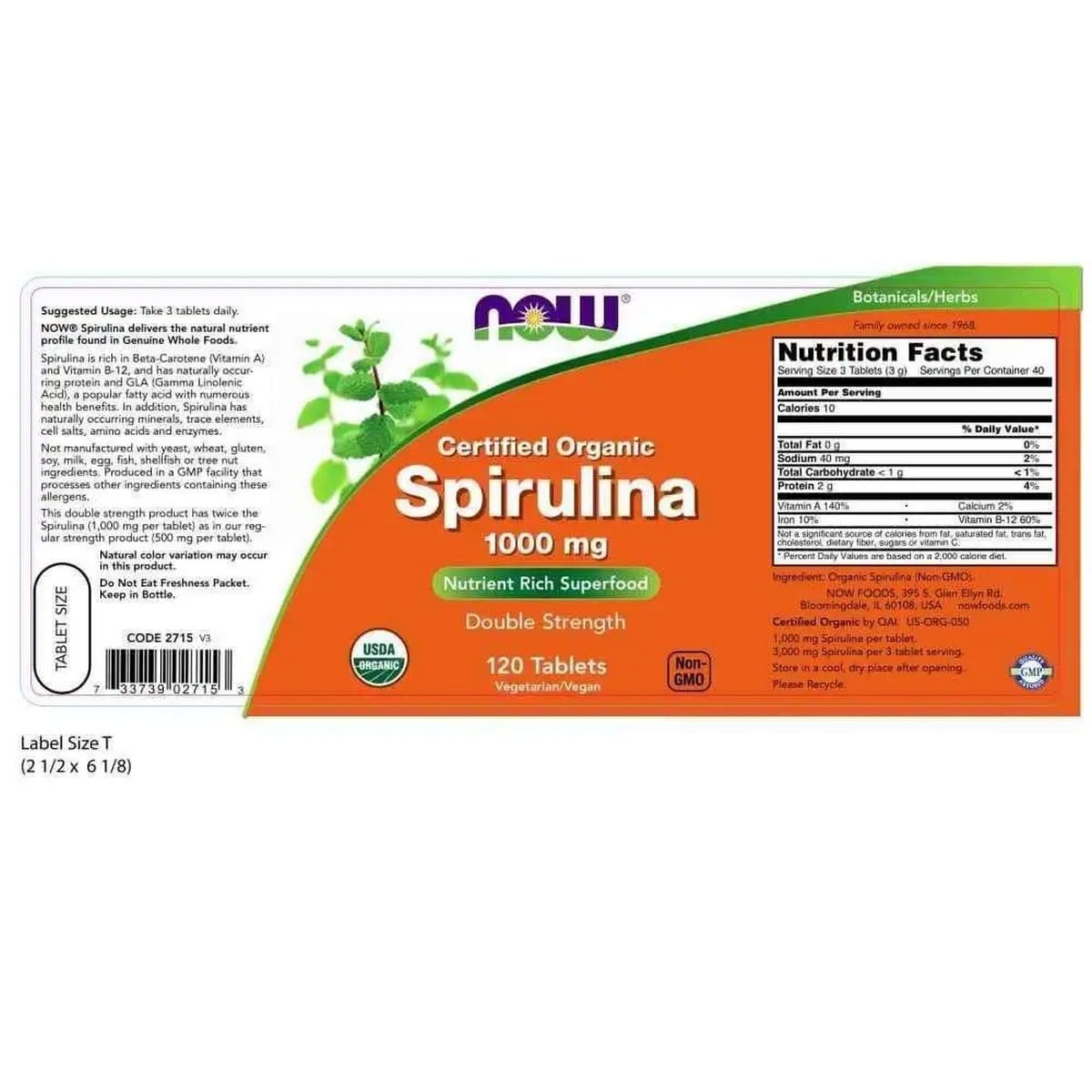 Now Foods, Certified Organic, Spirulina, 1000 mg (120 tablets)