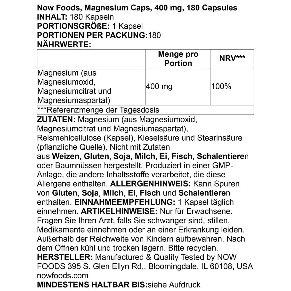 Now Foods Magnesium Capsules 400 mg (180 capsules)