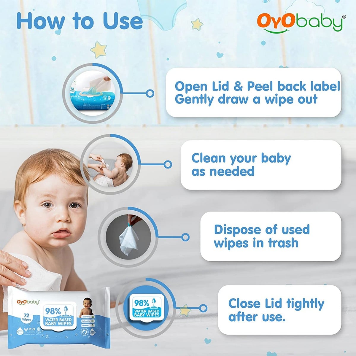 Oyo Baby Pure Water Wipes with Lid (72 pcs)