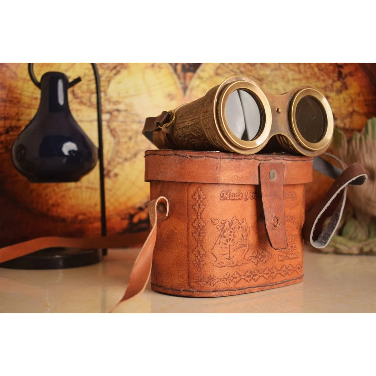 Retro Style Brass Made 5 Length Hand Engraved Binocular With Leather Pouch