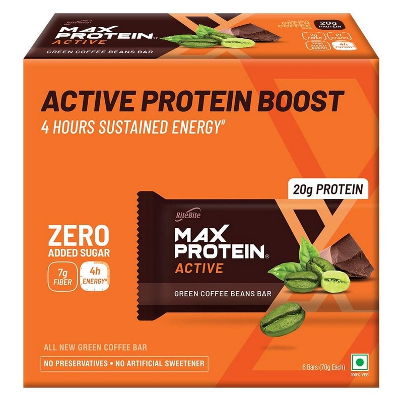 RiteBite Max Protein Active Green Coffee Beans Bar, Pack of 6 (70 Gm Each)