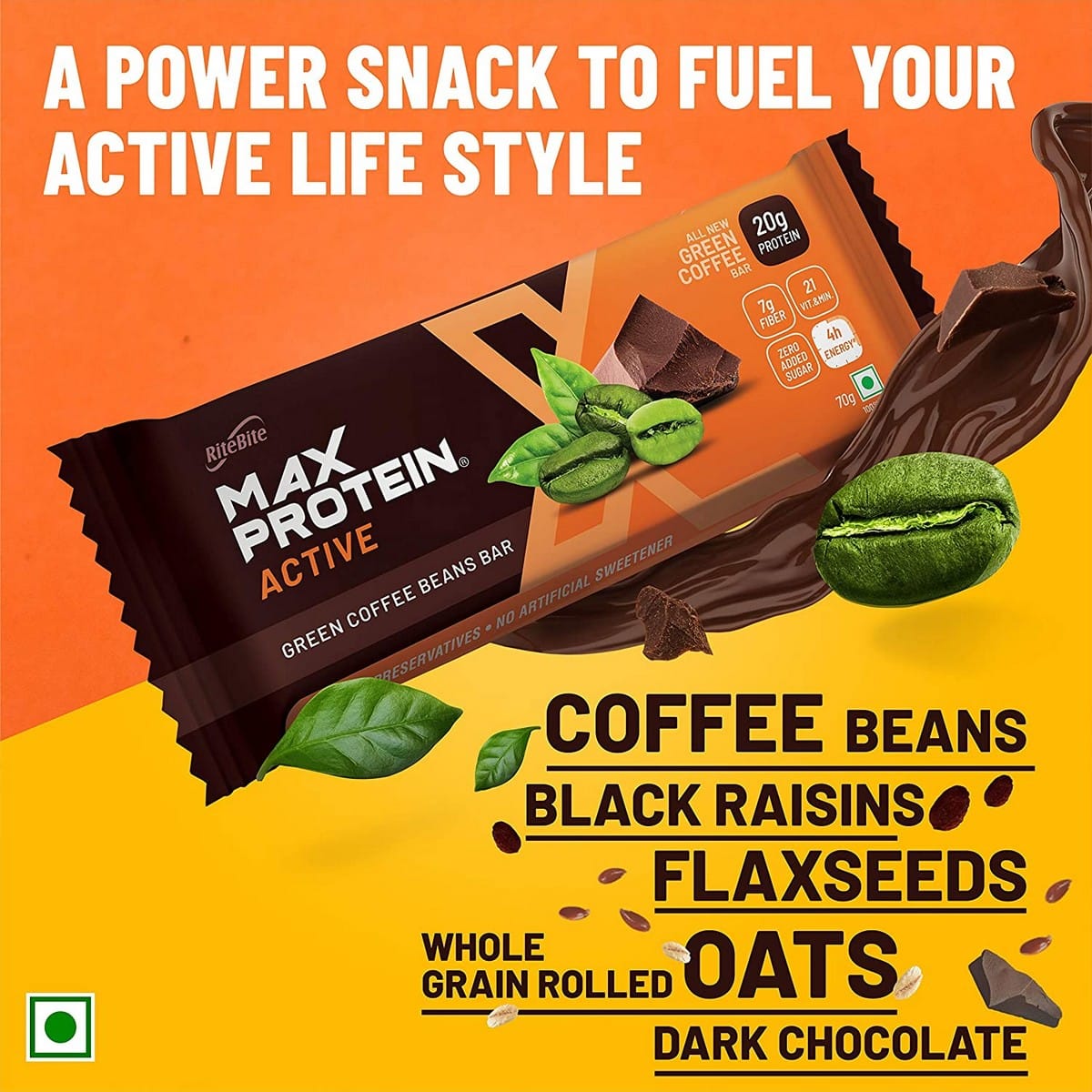 RiteBite Max Protein Active Green Coffee Beans Bar, Pack of 6 (70 Gm Each)