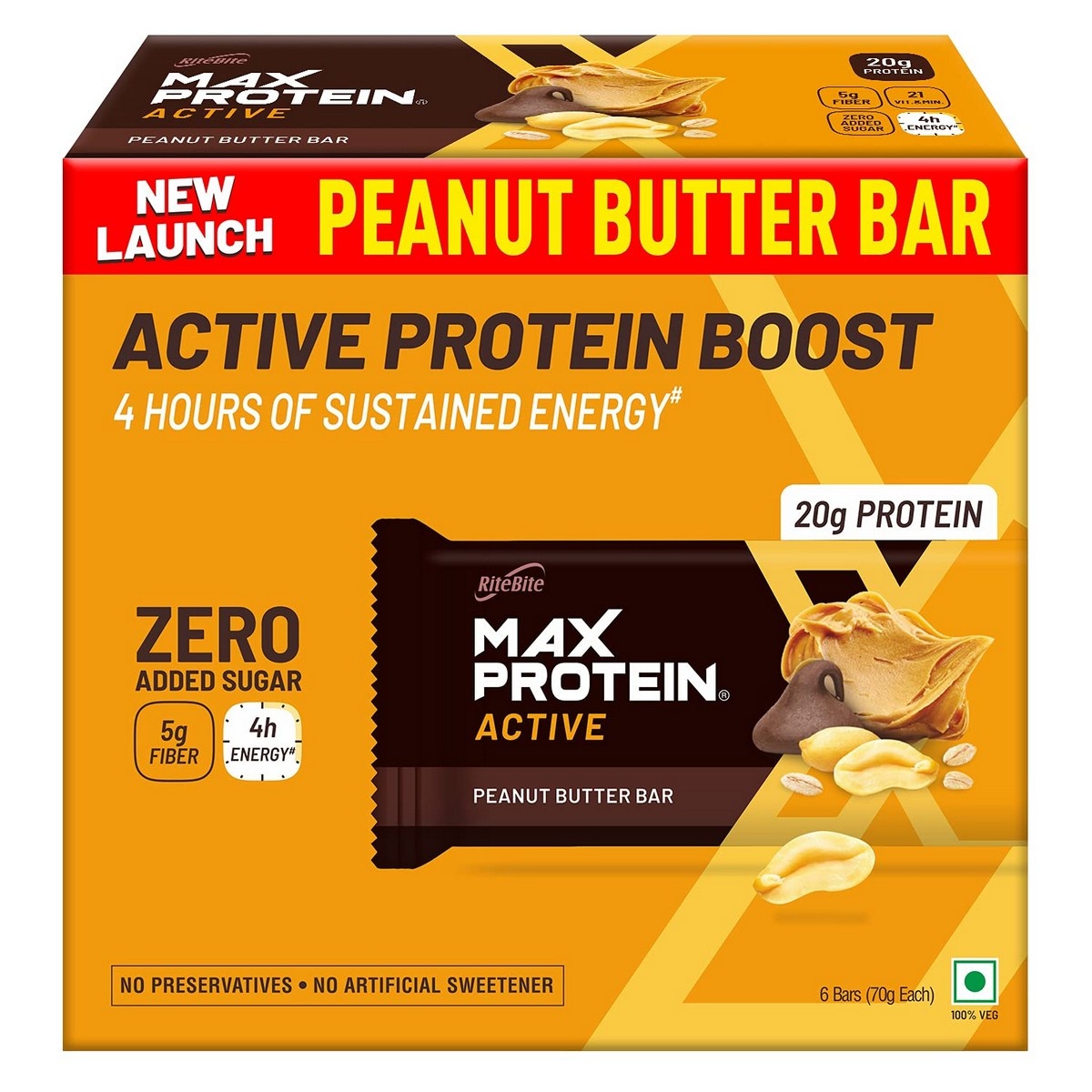 RiteBite Max Protein Active Peanut Butter Bar, Pack of 6 (70 Gm Each)