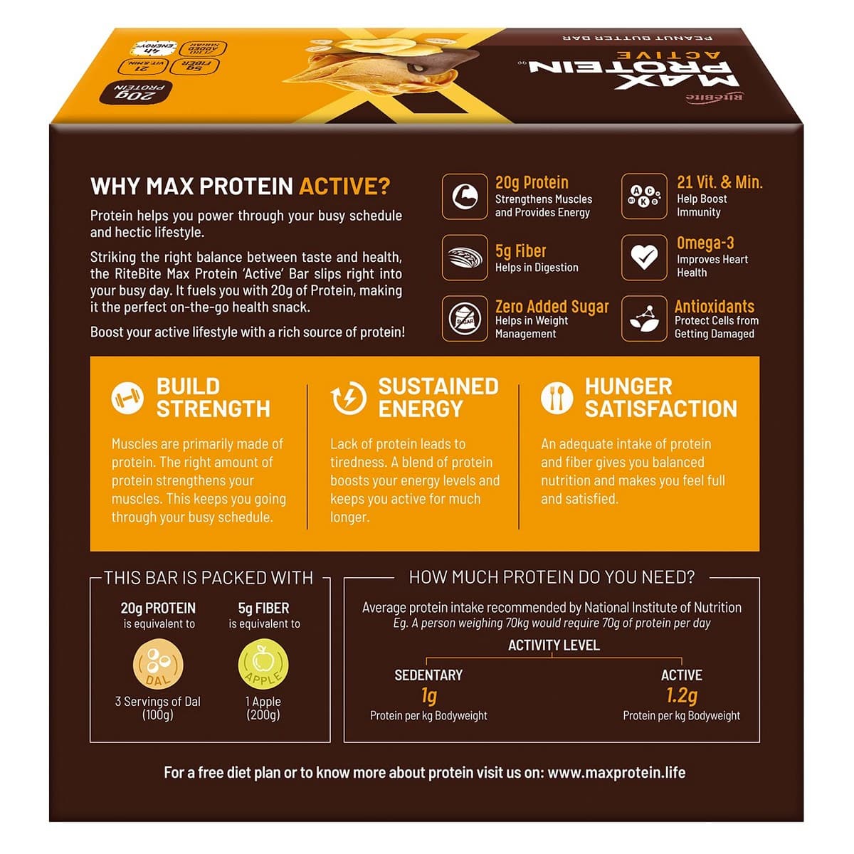 RiteBite Max Protein Active Peanut Butter Bar, Pack of 6 (70 Gm Each)
