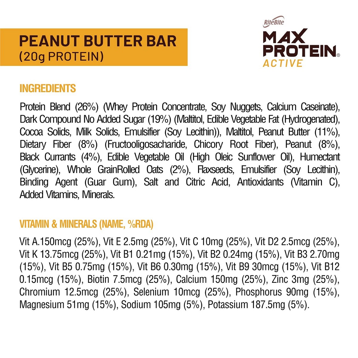 RiteBite Max Protein Active Peanut Butter Bar, Pack of 6 (70 Gm Each)