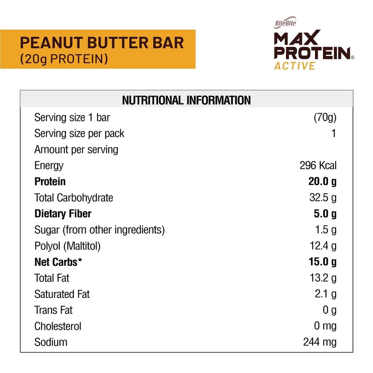 RiteBite Max Protein Active Peanut Butter Bar, Pack of 6 (70 Gm Each)