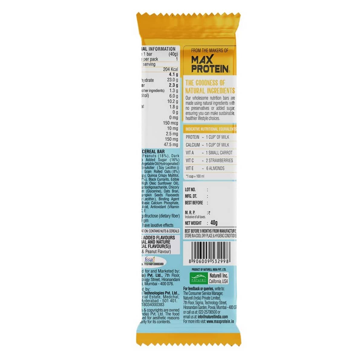 RiteBite Max Protein Peanut Butter Energy Bar, Pack of 6 (40 Gm Each)