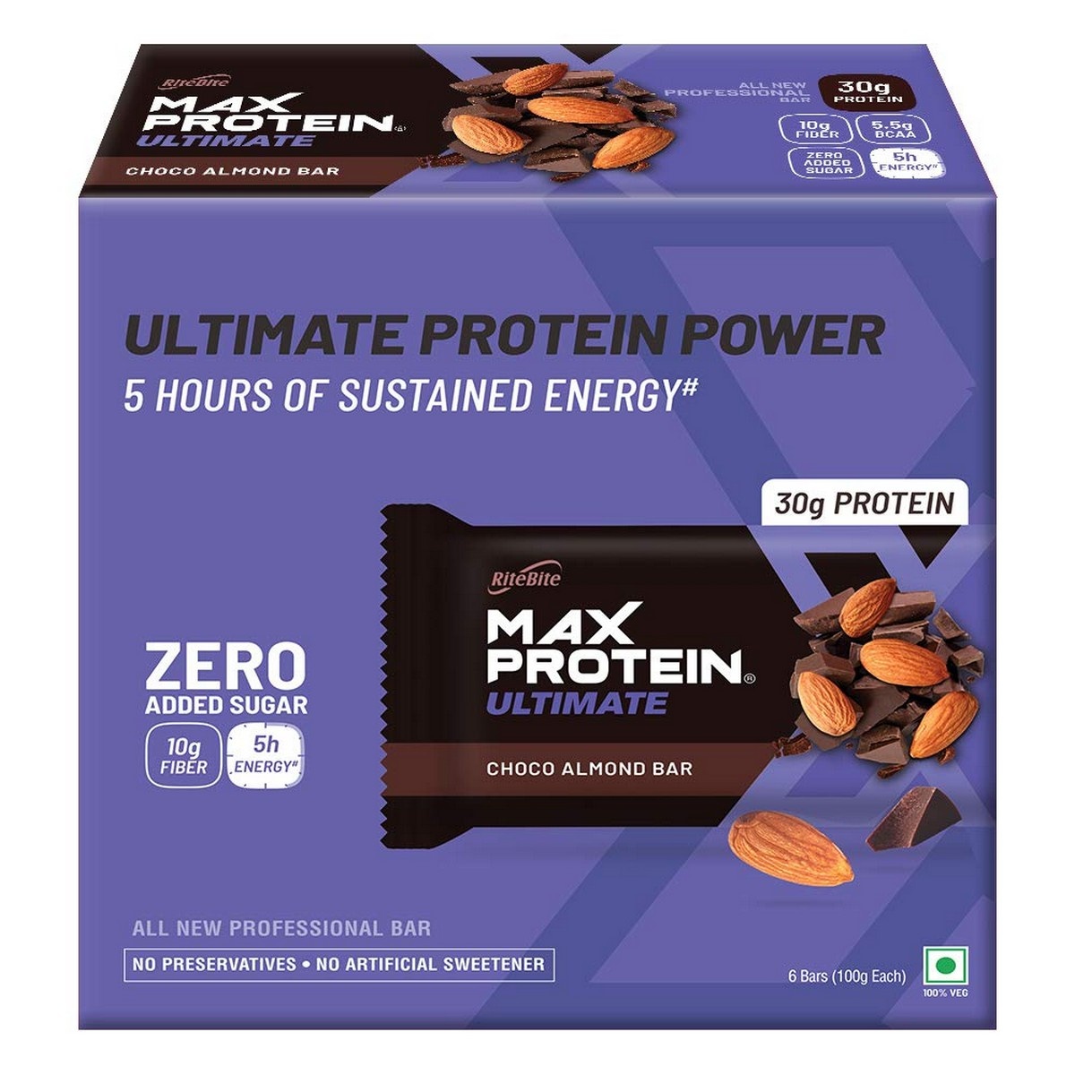 RiteBite Max Protein Ultimate Choco Almond Bar, Pack of 6 (100 Gm Each)