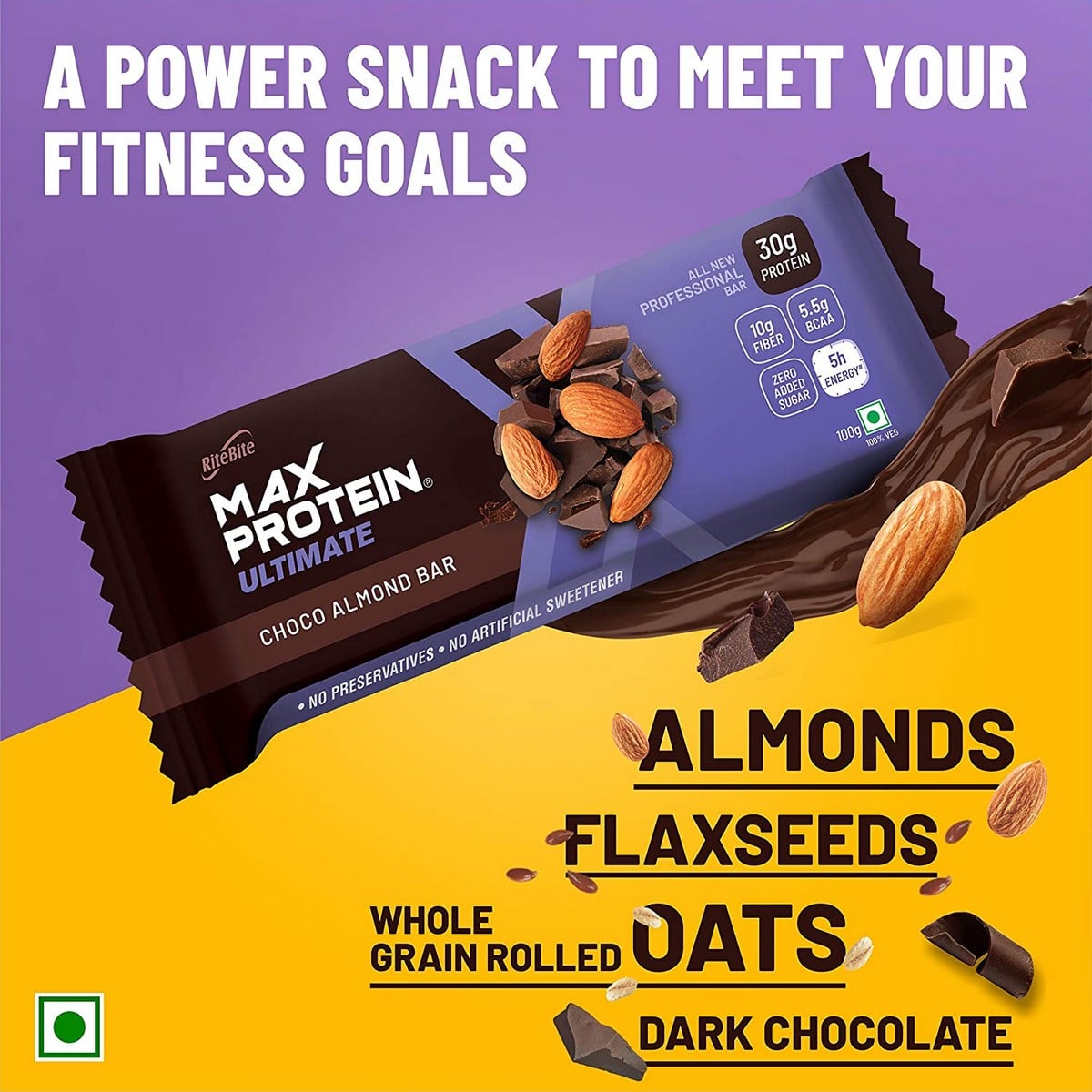 RiteBite Max Protein Ultimate Choco Almond Bar, Pack of 6 (100 Gm Each)