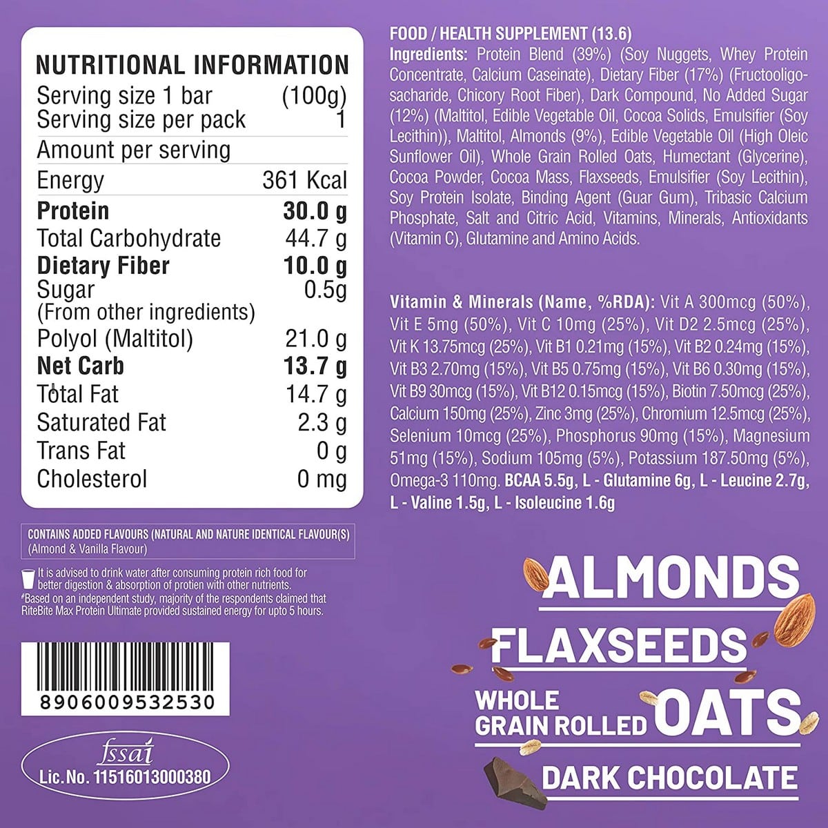 RiteBite Max Protein Ultimate Choco Almond Bar, Pack of 6 (100 Gm Each)