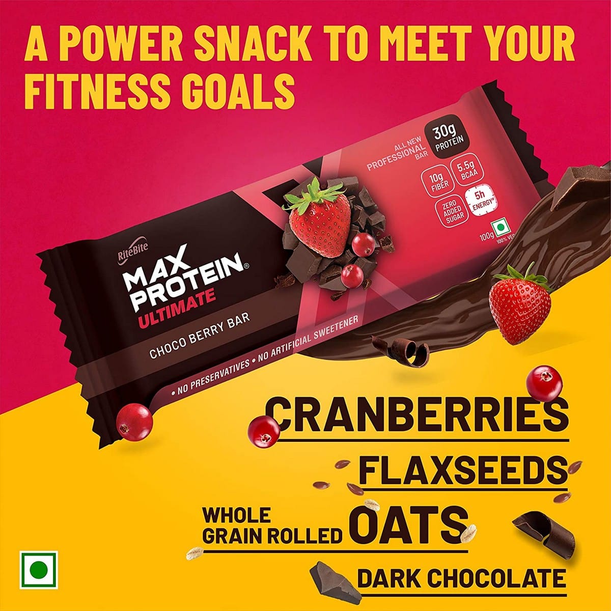RiteBite Max Protein Ultimate Choco Berry Bar, Pack of 6 (100 Gm Each)
