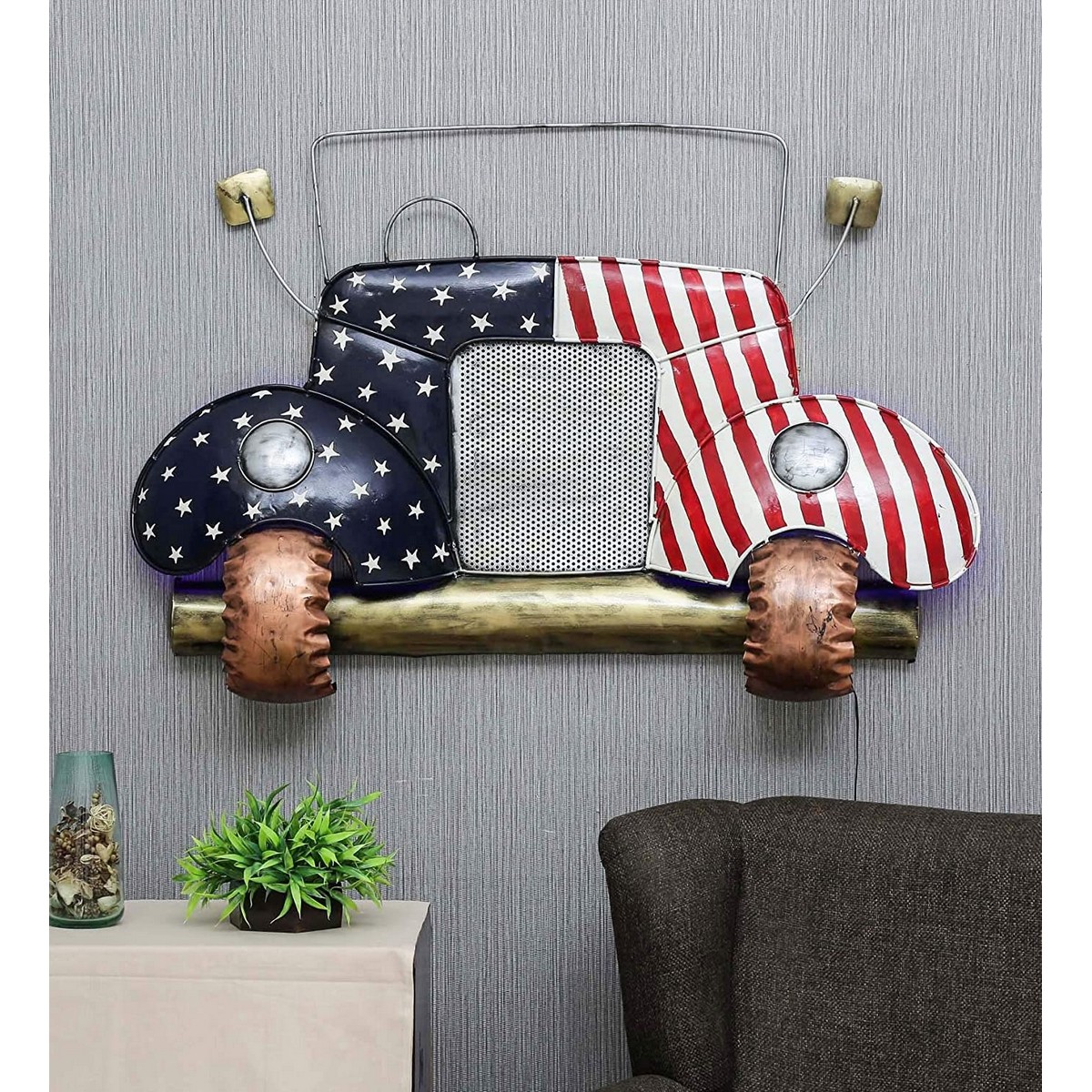 Antique Looking US Flag Designed Jeep for Wall Decoration