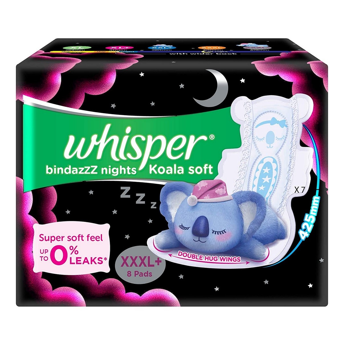 Whisper Bindazzz Nights Koala Soft Sanitary Pads, XXXL (8 Napkins)