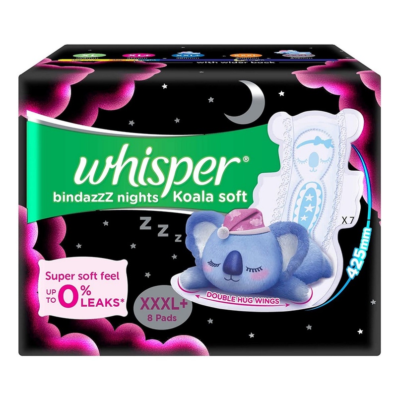 Whisper Bindazzz Nights Koala Soft Sanitary Pads, XXXL (8 Napkins)
