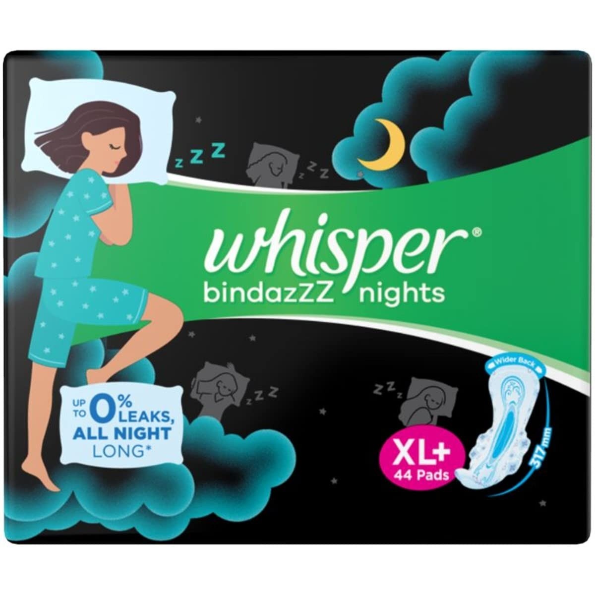 Whisper Bindazzz Nights Sanitary Pads, XL+ Pack of 44 Napkins