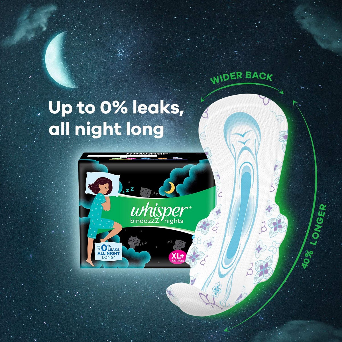 Whisper Bindazzz Nights Sanitary Pads, XL+ Pack of 44 Napkins