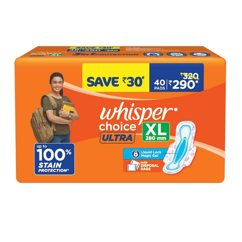 Whisper Choice Sanitary Pads With Wings For Women, XL Size (40 Napkins)