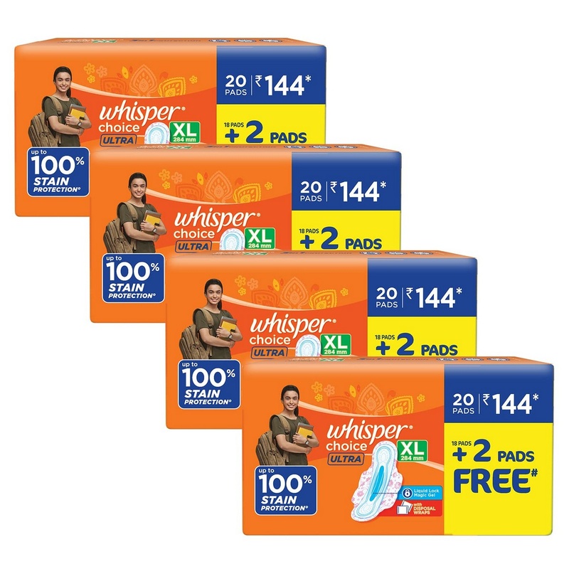 Whisper Choice Sanitary Pads for Women, Ultra XL 20 (Pack of 4) Napkins