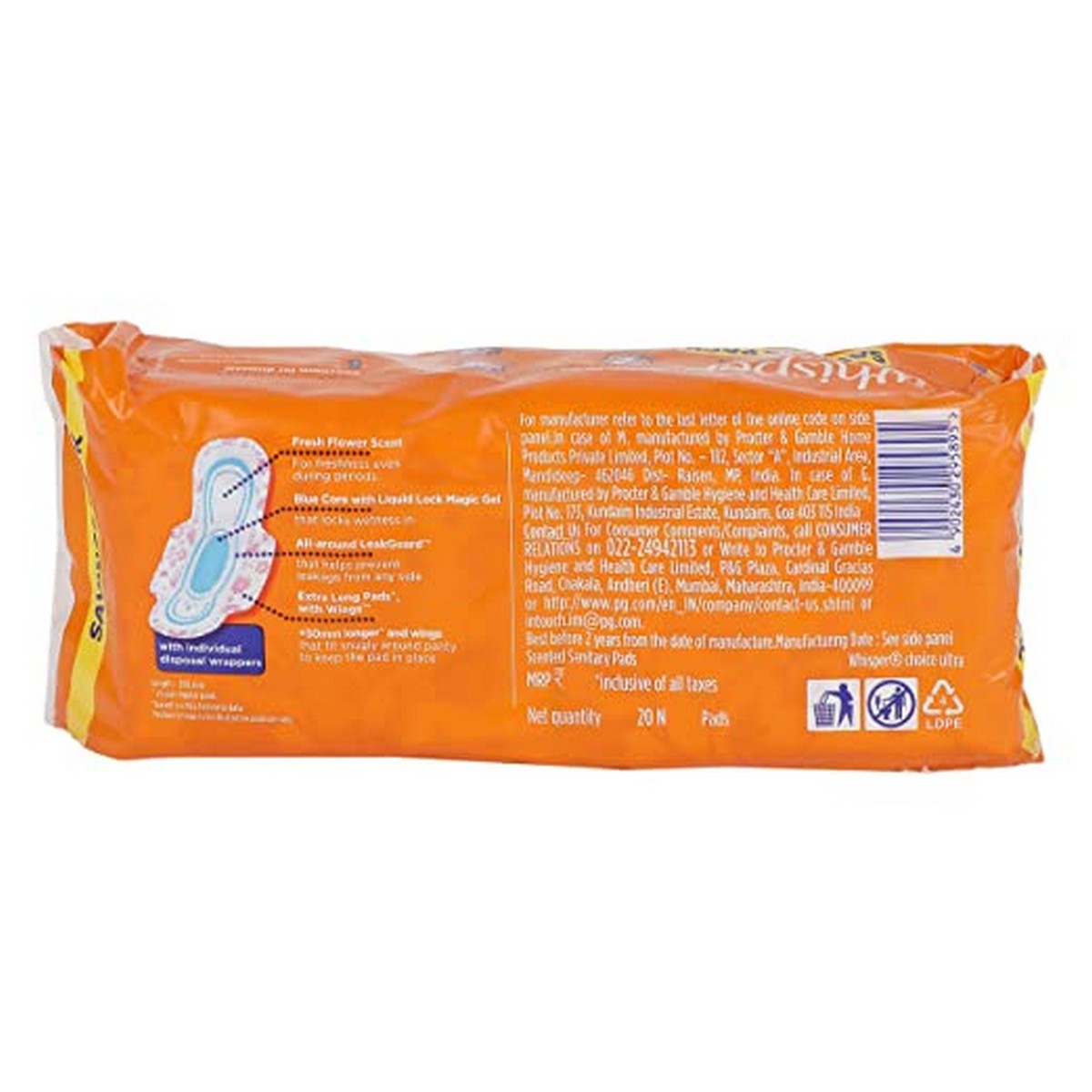 Whisper Choice Sanitary Pads with Wings for Women- 20 Pads (Extra large)