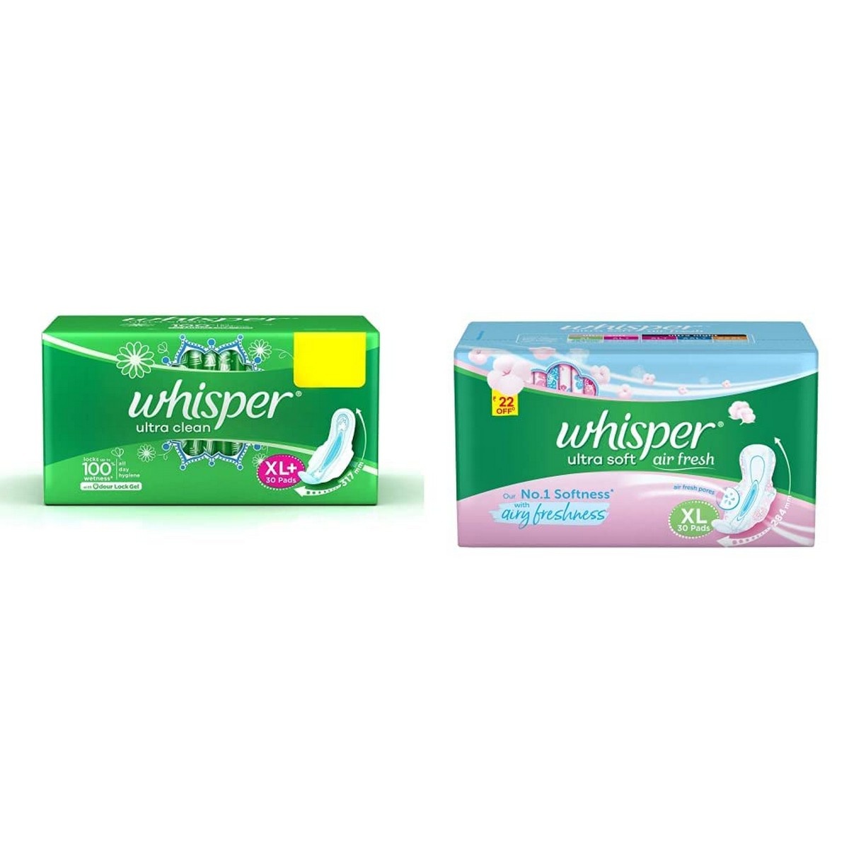 Whisper Ultra Clean Sanitary Pads - 30s (XL Plus) & Ultra Soft Sanitary Pads - 30s (XL) Combo