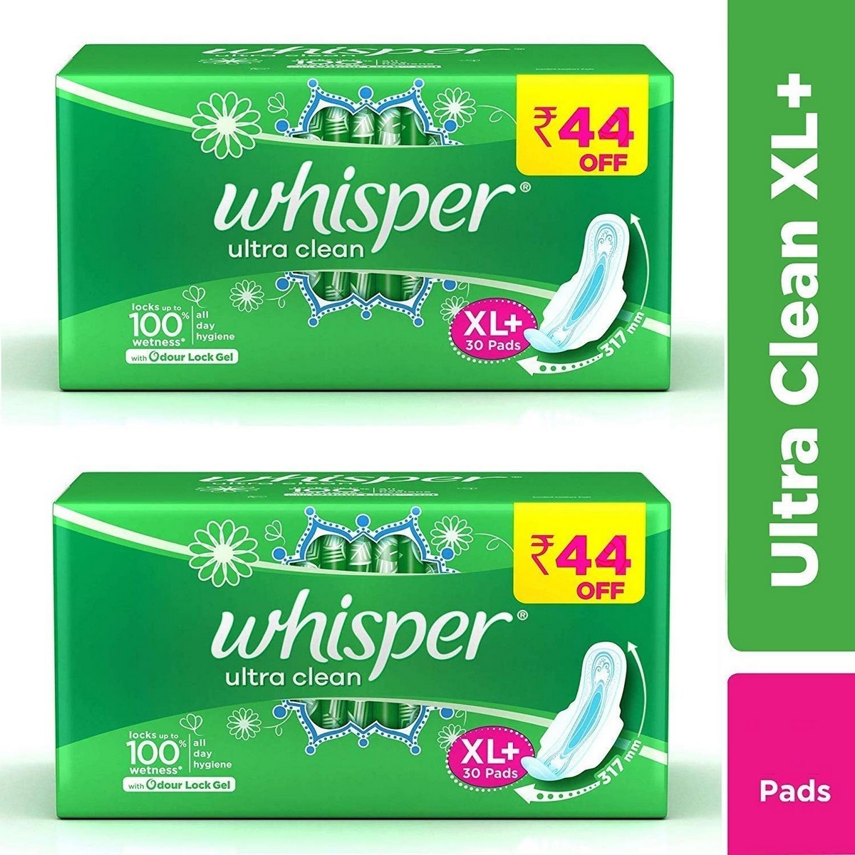Whisper Ultra Clean XL With Odour Lock Gel Sanitary Napkins Pack of 2 (60 Pads)