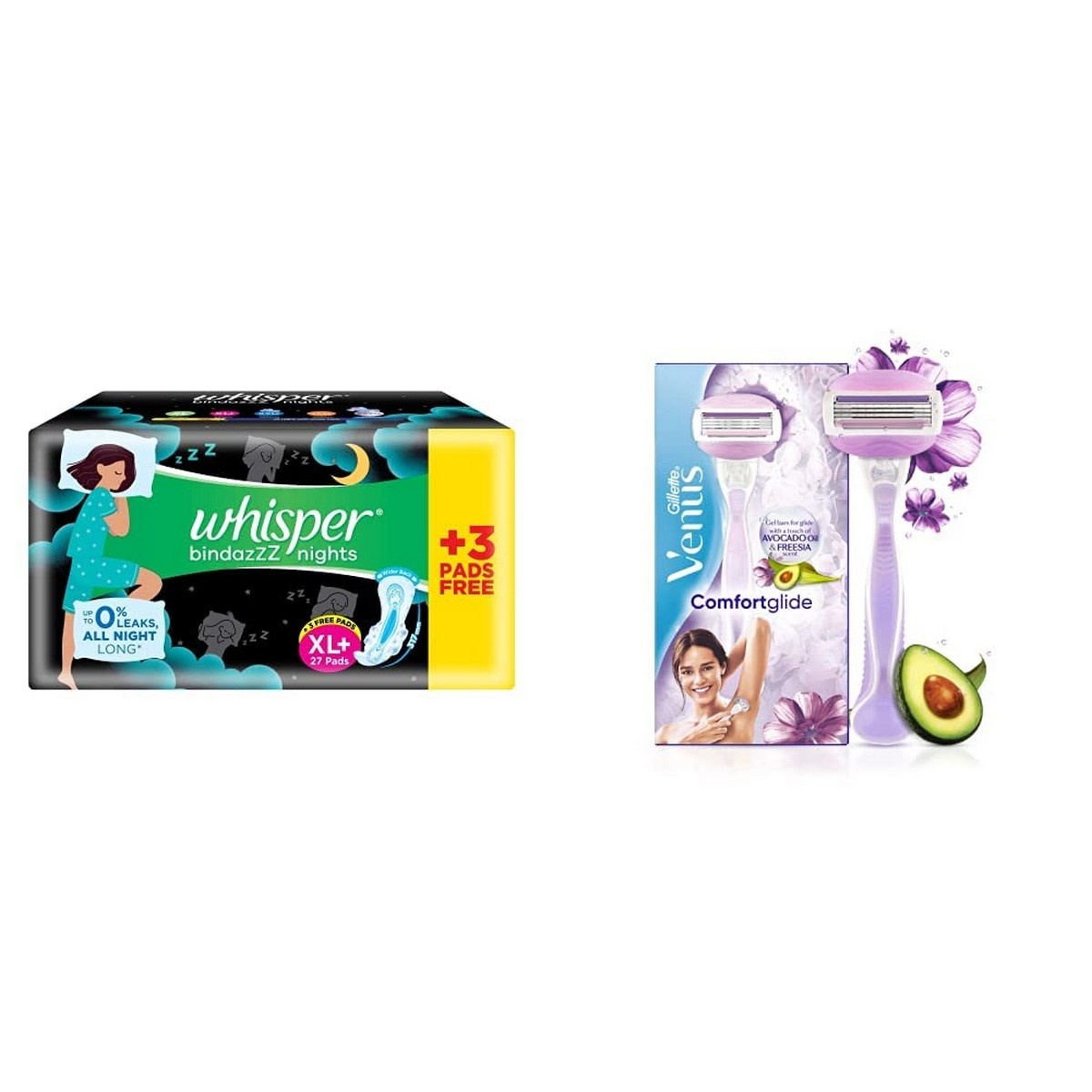 Whisper Ultra Overnight Sanitary Pads with Wings - 30 Pieces (XL Plus) & Venus Breeze Hair Removal Razor for Women