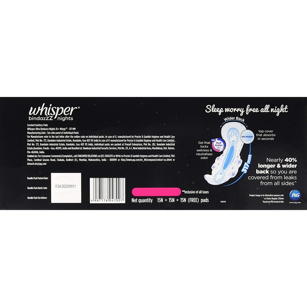Whisper Ultra Soft Sanitary Pads - 30s (XL+) & Ultra Night Sanitary XL+ Pads - 15s (Pack of 3)