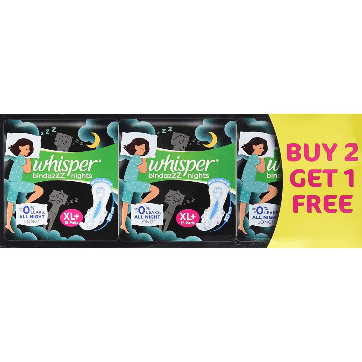 Whisper Ultra Soft Sanitary Pads - 30s (XL+) & Ultra Night Sanitary XL+ Pads - 15s (Pack of 3)