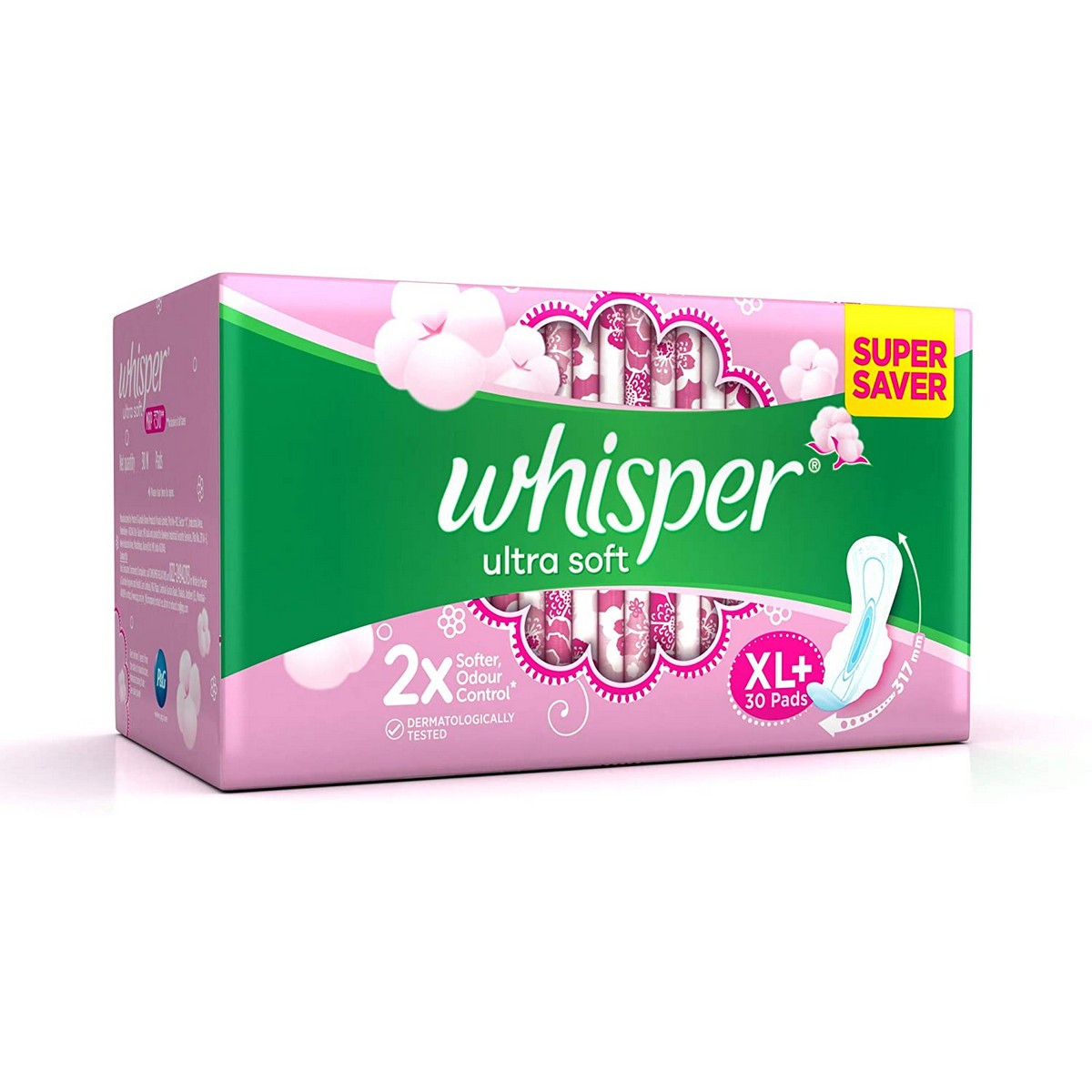 Whisper Ultra Soft Sanitary Pads - 30s (XL+) & Ultra Overnight Sanitary Pads with Wings - 30 Pieces (XL+)