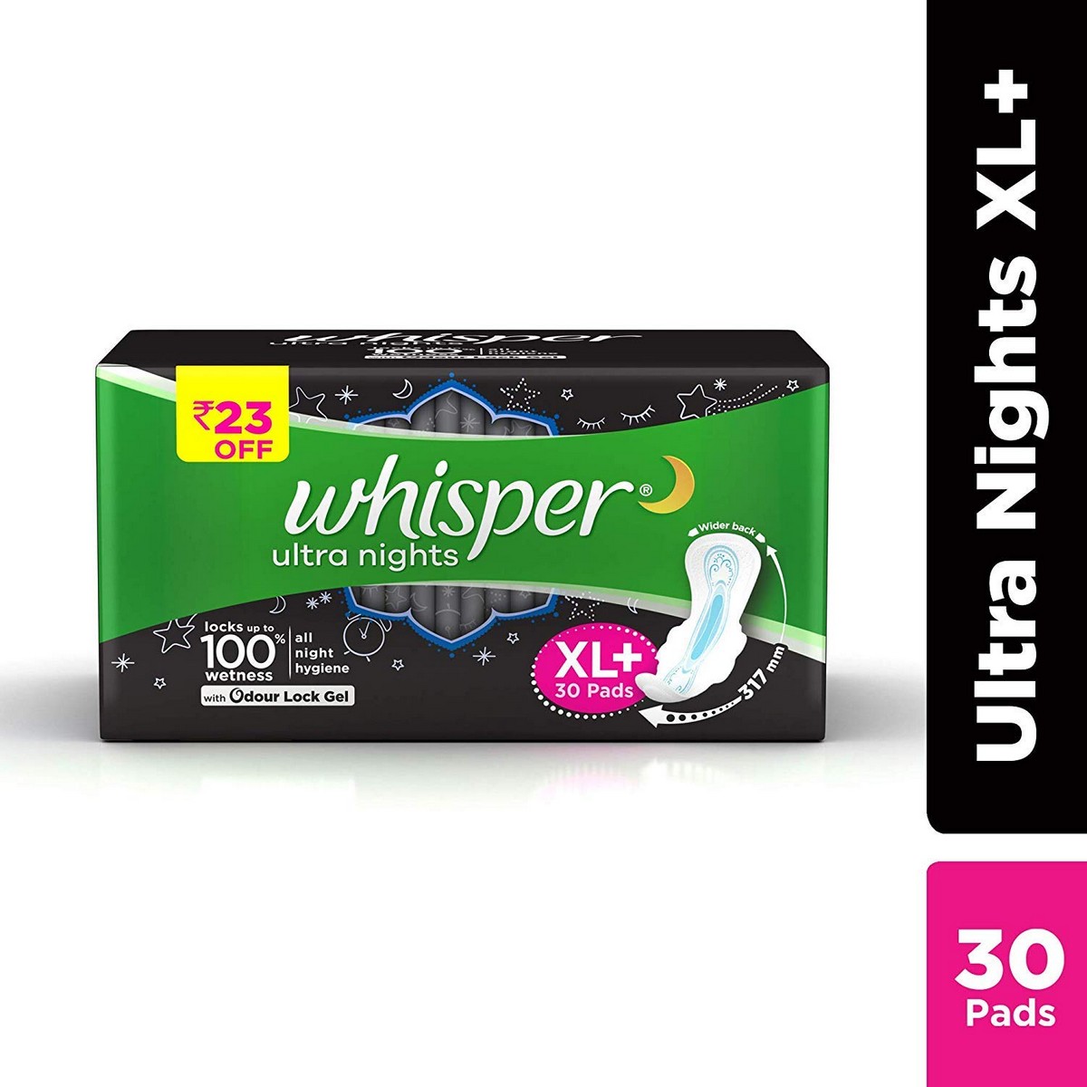 Whisper Ultra Soft Sanitary Pads - 30s (XL+) & Ultra Overnight Sanitary Pads with Wings - 30 Pieces (XL+)