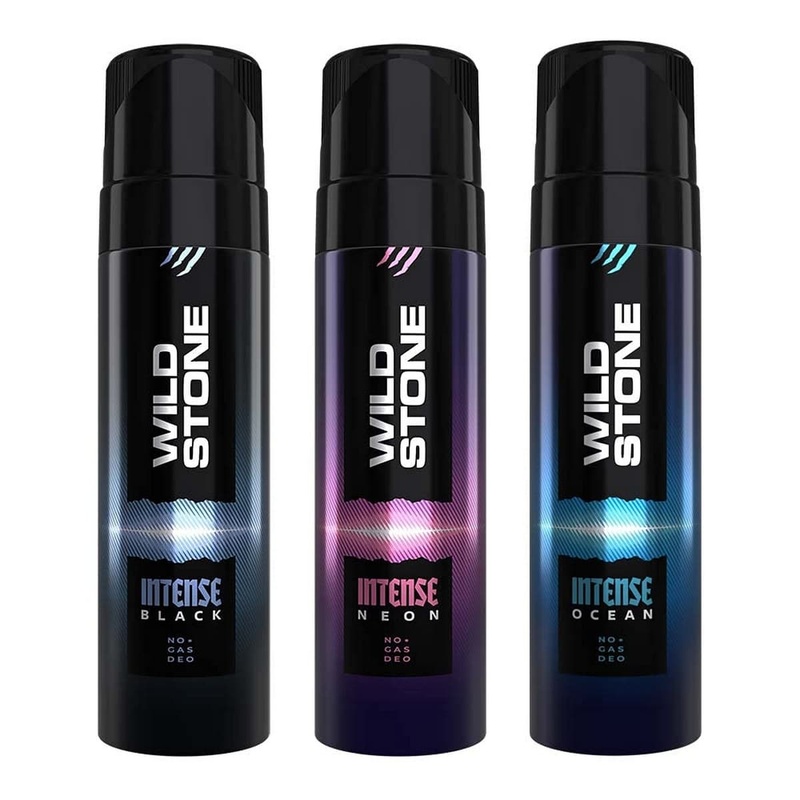 Wild Stone Intense Black, Neon, And Ocean Long Lasting No Gas Deodorants For Men, Pack of 3 (120 ml Each)